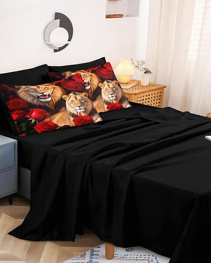 Bedbay Lion Bedding Comforter Set Queen Size Wild Animal Bedding Set Rose Flowers and Lion Couple Printed 8 Pieces Queen Bed in a Bag Set Teen Adults Lion Comforter Set with Sheets (Lion,Queen)