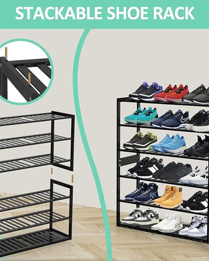 Bamboo Shoe Rack for Entryway, Stackable 3 Tier Shoe Organizer Shelf Storage 9-12 Pairs Shoes Stand Cubby for Closet Door Hallway Bedroom Garage Black, Thanksgiving