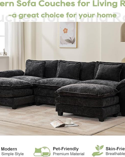 120" Modular Sectional Sofa, Comfy Cloud Couch Sectional Sofa with Ottoman, Chenille Sofa Sleeper Deep Seat Sofa with Throw Pillows for Living Room (Black, 120"- U Shape)