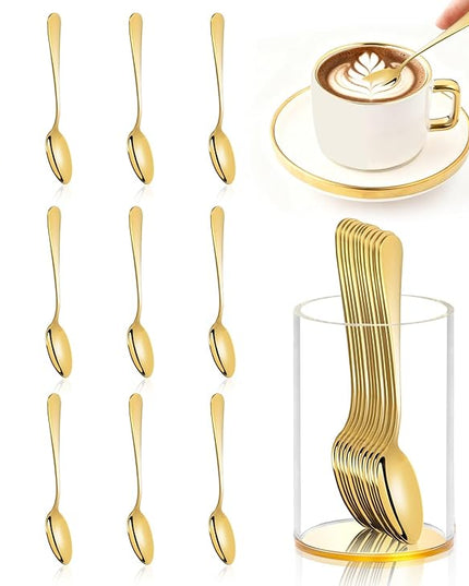 12 Pcs Gold Coffee Spoons with Holder 4.92 Inch Demitasse Espresso Spoons Mini Coffee Spoons Gold Tiny Dessert Spoons Small Tea Spoon Stainless Steel Acrylic Cylinder Holder for Party Coffee Bar Home