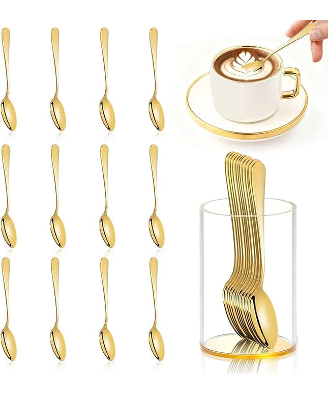 12 Pcs Gold Coffee Spoons with Holder 4.92 Inch Demitasse Espresso Spoons Mini Coffee Spoons Gold Tiny Dessert Spoons Small Tea Spoon Stainless Steel Acrylic Cylinder Holder for Party Coffee Bar Home