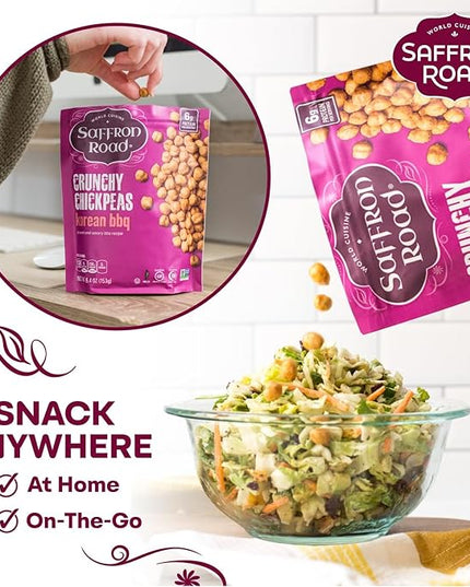 Saffron Road Roasted Korean BBQ Crunchy Chickpeas | High-Protein, Vegan, Gluten-Free, Non-GMO, Halal & Kosher Certified Snack | 5.4 oz Resealable Pouch | Pack of 6