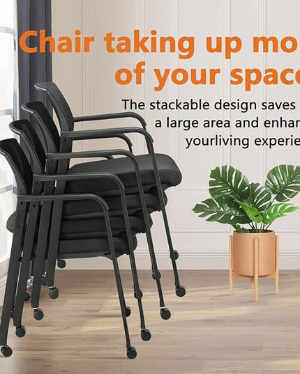 CLATINA Black Waiting Room Chair with Wheels Mesh Back Stacking Arm Chairs with Upholstered Fabric Seat and Ergonomic Lumbar Support for Office School Church Guest Reception