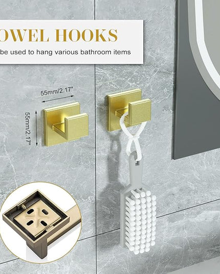 Bathroom Accessory Towel Bar Set: 5 Pieces Gold Bathroom Hardware Square SUS304 Stainless Steel - 24 Inch Wall Mounted Towel Rack&Toilet Paper Holder&Towel Ring and Towel Hook