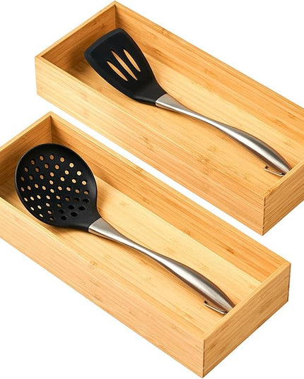 Umilife Bamboo Kitchen Utensils Organizer, Extra High Silverware Drawer Tray, Flatware Cutlery Storage Box, Multi-Use Holder in Office, Bathroom, Pantry - 15"x6"x2.5" (Set of 2)
