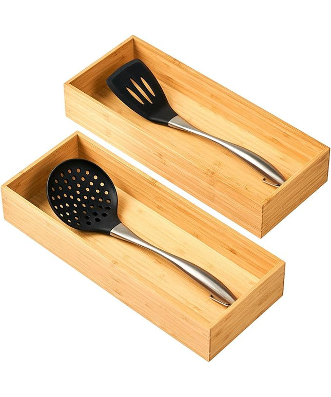 Umilife Bamboo Kitchen Utensils Organizer, Extra High Silverware Drawer Tray, Flatware Cutlery Storage Box, Multi-Use Holder in Office, Bathroom, Pantry - 15"x6"x2.5" (Set of 2)