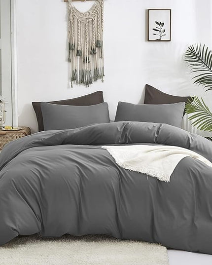 Luxlovery Grey Comforter Set Queen Men Dark Grey Comforter Bedding Sets 3PCS Solid Breathable Soft Charcoal Gray Quilts Set Modern Queen Comforter Women Men