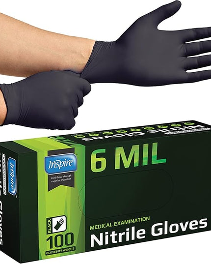 Inspire Black Nitrile Gloves HEAVY DUTY 6 Mil Nitrile Chemical Resistant Medical Cooking Cleaning Disposable Black Gloves