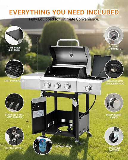 40,500 BTU 3-Burner Propane Gas Grill with Side Burner,Stainless Steel Outdoor BBQ Grill Portable with Wheels and Cast Iron Grates for Patio Garden Barbecue Cooking