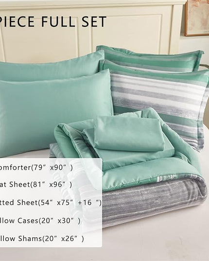 KAKIJUMN 7 Piece Bed in a Bag Stripe Comforter Set Full Size, White Grey Sage Green Patchwork Striped Comforter and Sheet Set, All Season Soft Microfiber Complete Bedding Set(Green,Full)
