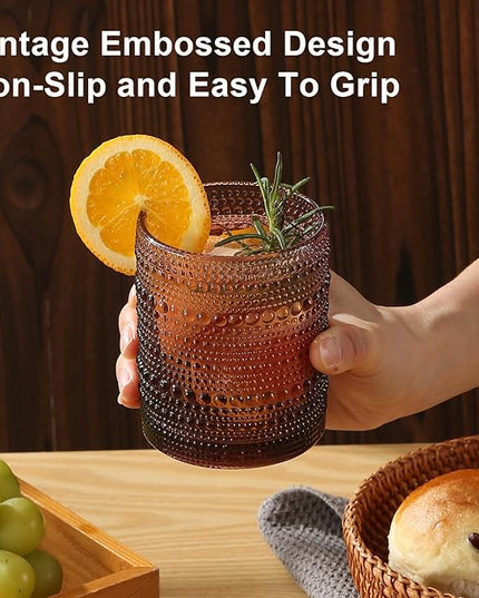 Vintage Glassware Drinking Glasses Set of 12,Purple 12oz & 15oz Hobnail Glass Cups,Embossed Water Tumbler,for Beer,Cocktail,Whiskey,Juice and Various Mixed Drinks- 1 Cleaning Brush