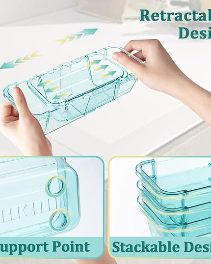 14 Pcs Adjustable Clear Drawer Organizer, Extendable Vanity Storage Bins, Desk Drawer Organizer Set for Makeup, Cosmetics, Bedroom, and Gadgets, Blue