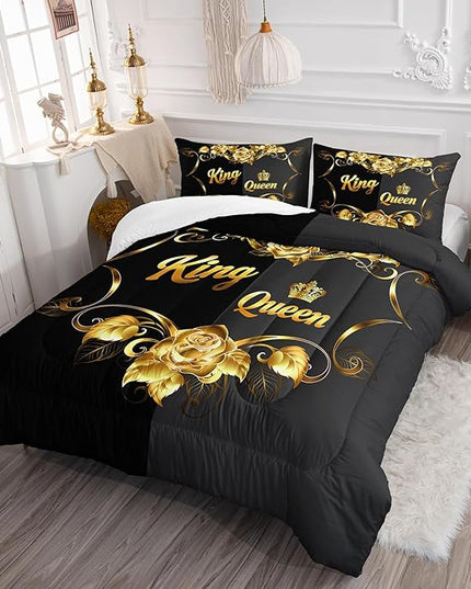 AILONEN King and Queen Crown Comforter Set Queen Size, Golden Rose Flower Pattern Bedding Set for Girls Teens,Black and Gray Duvet Set for Bedroom Decor,3 Pieces,1 Qulit and 2 Pillowcases,Soft
