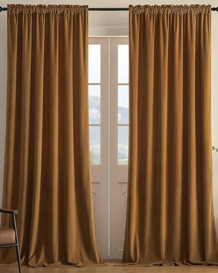 Joydeco Camel Brown Velvet Curtains 96 inch Length 2 Panels, Luxury Blackout Rod Pocket Thermal Insulated Window Curtains, Super Soft Room Darkening Drapes for Living Room Bedroom,W52 x L96 inches