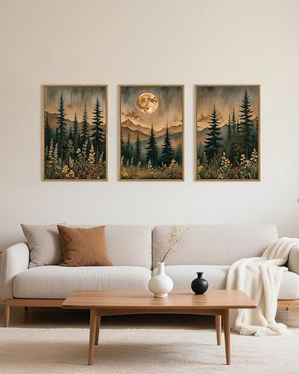 HOURIA Vintage Boho Nature Moonlight Forest Mountain Framed Canvas Wall Art Set,Wilderness Dark Moon Woodland Floral Decor,Retro Wildflower Field Landscape Artwork for Living Room,Farmhouse-16 x24 x3