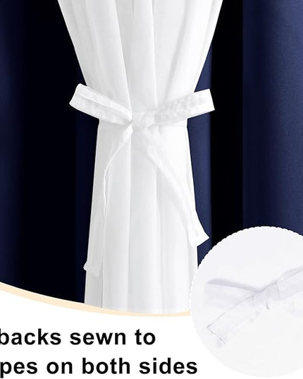 Hiasan Blackout Curtains with White Sheer Overlay, Double Layer Mix & Match Thermal Insulated Grommet Window Curtains for Bedroom, Living Room, 2 Drape Panels with Tiebacks, Navy Blue, 52W X 96L