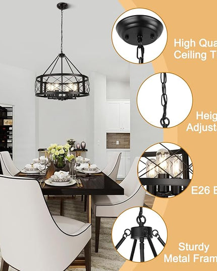 6-Light Black Rustic Drum Chandelier, 22.5” Modern Chandelier for Dining Room, Round Metal Hanging Light Fixture for Foyer, Entryway, Bedroom, Kitchen Island