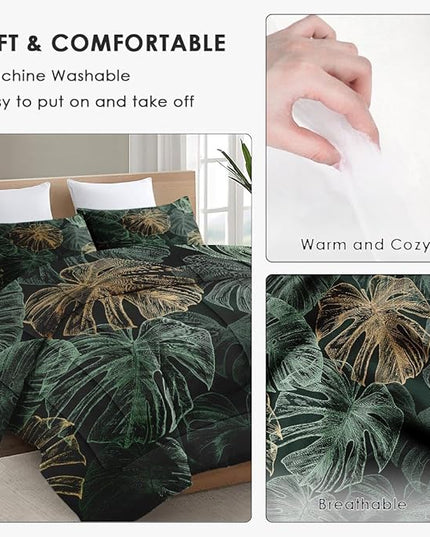 King Size Comforter Set with 2 Pillowcases, Green Tropical Leaves 3 Pcs Bedding for Kids and Adults, Monstera Palm Leaf Soft Comforter Set for Bedroom Bed Decor