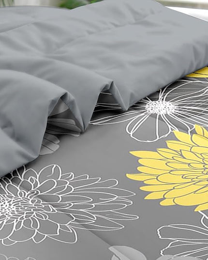 Comforter Set Queen Size, Vintage Flower 7 Pcs Bedding for Kids and Adults, Yellow Botanical Floral Bed Sheet Sets with Fitted Sheet 2 Pillowcases & 2 Shams