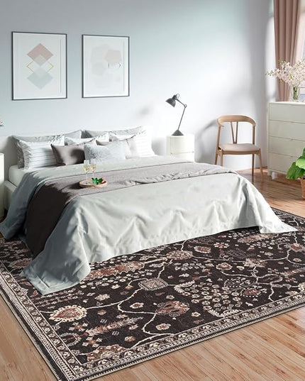 GLN Rugs Bohemian Collection - Machine Washable Area Rug, Bohemian Vintage, Non Slip, Low Pile Chenille Rug, Living Room, Bedroom, Bathroom Rug (3'x5' Black)