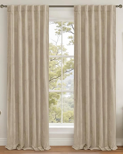 LAMIT Taupe Velvet Curtains for Living Room, 102 Inch Room Darkening Panels Thermal Insulated Back Tab and Rod Pocket Drapes for Bedroom/Sliding Glass Door, 2 Panels, 52 x 102 Inch