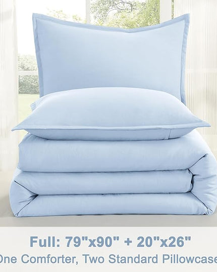 Litanika Comforters Light Blue Full Size, 3 Pieces Lightweight Solid Bedding Comforter Set, All Season Fluffy Bed Set (79x90In Comforter & 2 Pillowcases)