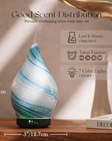 Porseme 150ml Essential Oil Diffuser Glass Color Changing Aroma Air Diffusers Aromatherapy Ultrasonic Cool Mist Humidifier 6 Running Hours Waterless Auto-Off for Sleeping Yoga Office Spa (Blue Ink)