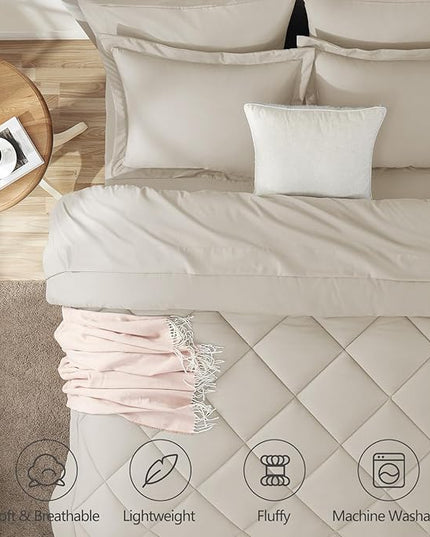 CozyLux Queen Comforter Set Beige - Bed in a Bag Queen Size 7 Pieces, Luxury Soft Bed Set for All Seasons, Bedding Set with Down Alternative Comforter, Sheets, Pillowcases & Shams