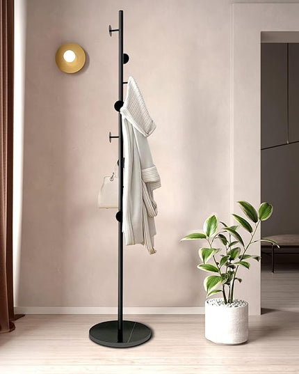Coat Tree Freestanding, Metal Coat Rack Tree with 8 Hooks, Free Standing Hanger for Hats Scarves Purses Umbrellas, Coat Stands with Stable Base for Entryway Bedroom, Black