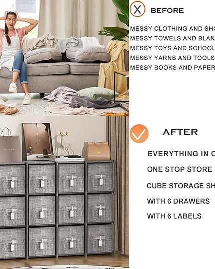 Cube Storage Organizer Shelf with 6 Printed Bins + Labels, Cubby Storage Organizer with Bins, Large Capacity Shelves for Storage,Closet, Living Room, Dorm, Yarn