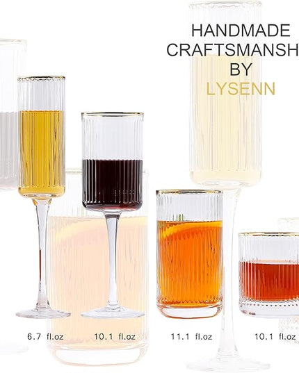 Lysenn Vintage Glassware Set - Ribbed & Fluted Wine, Champagne, Whiskey & Highball Glasses for Wedding or Party, Set of 4