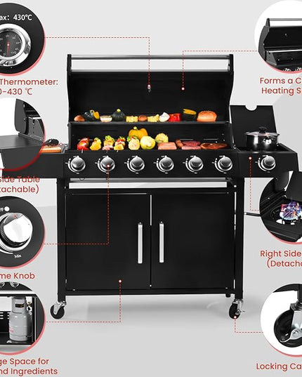 Q032-6-Burner w/Side Burner Gas Grill with 403 SQ.IN. Outdoor Grill with 60,000 BTU,Propane Grills with Top Cover Lid,Grills Outdoor Cooking for Patios,Balcony,Camping,Garden