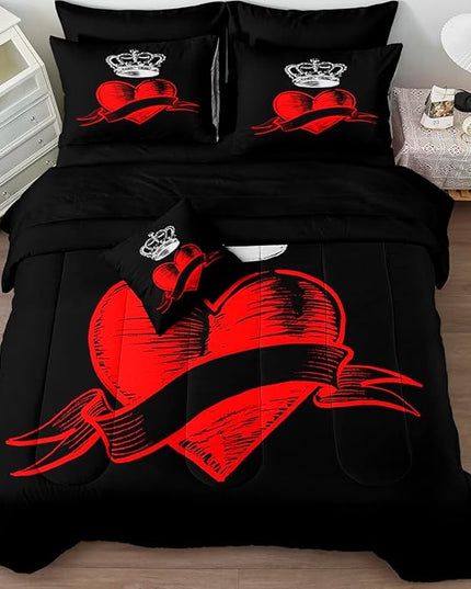 Merryword 6 Pcs Bed in a Bag Love Heart Comforter Set Twin Size Prince Princess Bedding Set Crown Pattern Romantic Valentine's Day Comforter Set