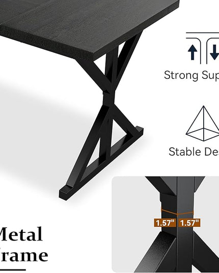 70.8 Inch Rectangular Dining Table for 6-8 People, Farmhouse Kitchen Table with Metal Base & Solid Wood Top, Easy Assembly, Water-Resistant, for Dining Room & Kitchen, All-Black