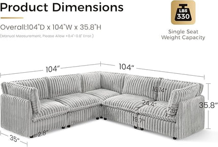 KKL Modular Sectional Couch for Living Room, V Shaped Corduroy Couches with Corner Seat, 5 Seater Oversized Sofa Convertible to Sleeper, Soft Fabric Modern Sofa, Grey
