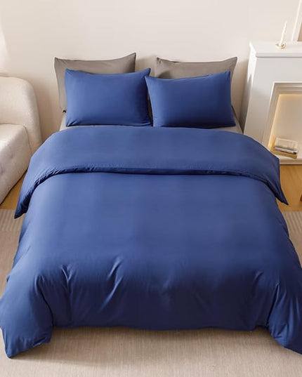 Houseri Royal Blue Comforter Set Queen Neutral Navy Bedding Men Women Japanese Style Solid Blue Vintage Farmhouse Bed Sets Queen Size