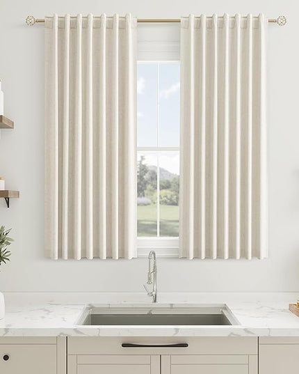 Guken Beige Linen Blackout Curtains 45 Inch Length 2 Panels Set for Living Room Bedroom Back Tab Thermal Insulated 100% Black Out Linen Drapes Room Darkening Window Curtains 45 Inches Long