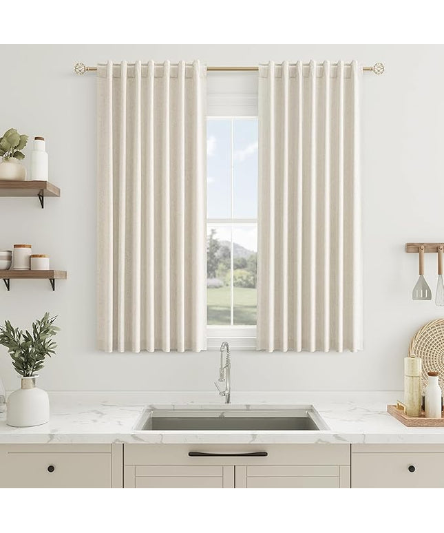 Guken Beige Linen Blackout Curtains 45 Inch Length 2 Panels Set for Living Room Bedroom Back Tab Thermal Insulated 100% Black Out Linen Drapes Room Darkening Window Curtains 45 Inches Long