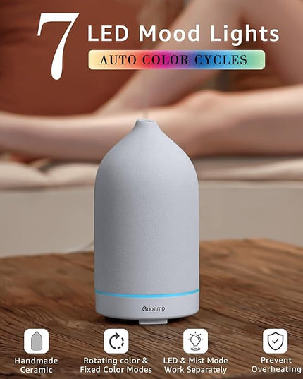 200ML Ceramic Essential Oil Diffuser - Ultrasonic Aromatherapy & Humidifier with 7-Color LED Lights, Auto Shut-Off, White, 1H/3H/6H Timer | Scent for Home,Office,Yoga