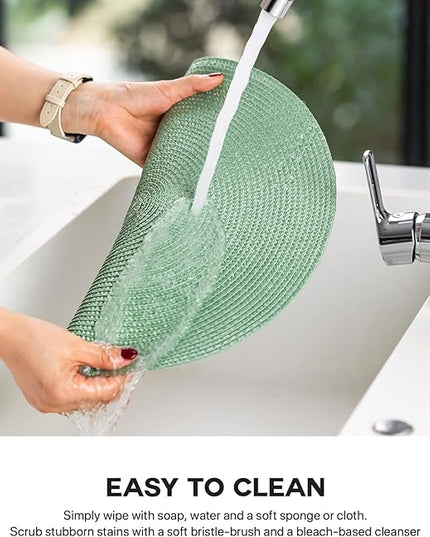 Round Placemats Set of 8 Plastic Woven Placemats Washable Wipeable Table Mats for Dining Table Heat Resistant Non-Slip Circle Place Mats (Green)