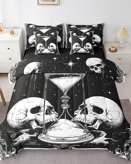 Feelyou Death Moth Comforter Set Full Size 7 Pieces Comforters Gothic Skull Skeleton Bedding Set Sand Clock Bed Set Bed in a Bag with Comforter, Sheets, Pillowcases & Cushion Covers