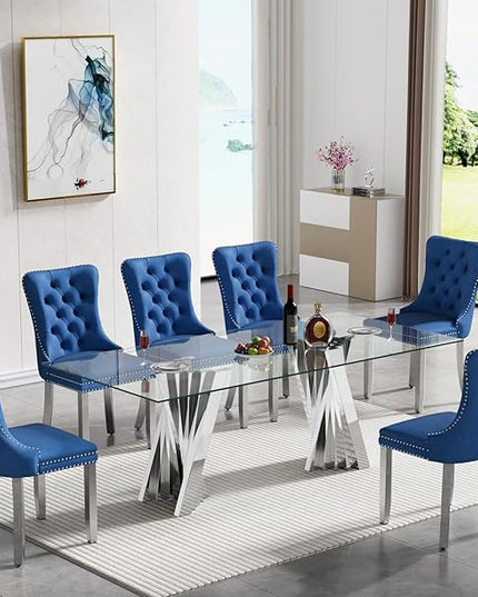 70'' Tempered Glass Top Dining Table With Mirrored Silver Stainless Steel Base for 4-8, Modern Rectangular Design for Dining Room and Living Room