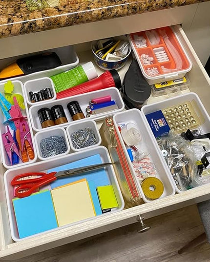 BOPART 25pcs Drawer Organizer Trays for Makeup Jewelries or Gadgets Storage Bins Interlocking for Office, Bedroom Dresser, Bathroom Vanity, Kitchen Junk Drawers Organization - White