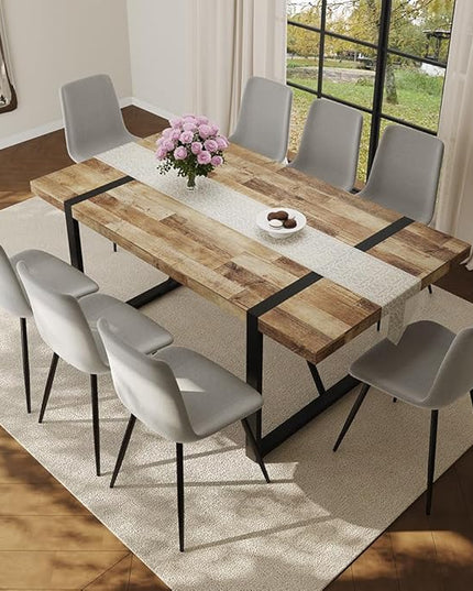 FURNITO Wood Dining Table Set for 8, 71" Large Rectangular Kitchen & Dining Room Table with 8 Fabric Linen Chairs, Modern Farmhouse Dining Set for Home, Living Room, Office, or Conference Room