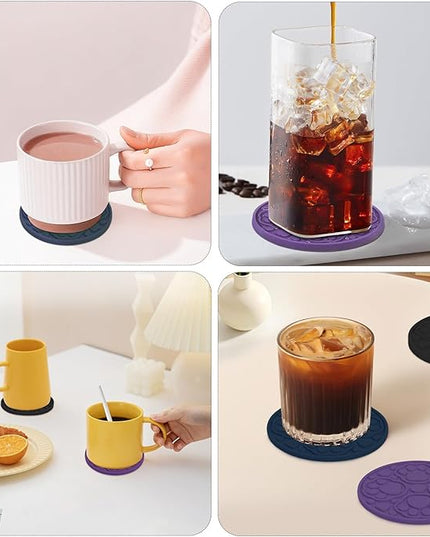 4 Inch Silicone Coasters Set of 6, (Black, Blue, Purple) Absorbent Non-Slip Drinks Coaster for Protecting Coffee Tables/Desks, Perfect for Home, Kitchen, Living Room & Office