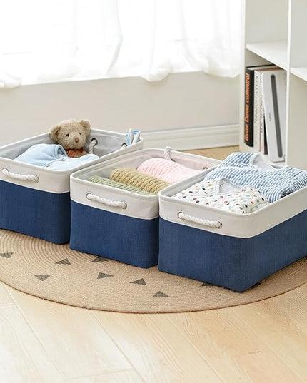 TheWarmHome Collapsible Storage Bin for Shelves - Large 3 Pack 16x12x8 inch Storage Basket for Organizing with Handles, Canves Storage Box for Organizer Toy Closet Cloth Gift (White & Jean Blue)