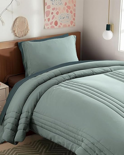 Monbix Twin XL Size Comforter Set - Extra Long 5 Pieces Dorm Bedding Sets, Quilting Design Fluffy Bed in a Bag Twin XL with Sheets, Pillowcase & Sham (Sage Green)
