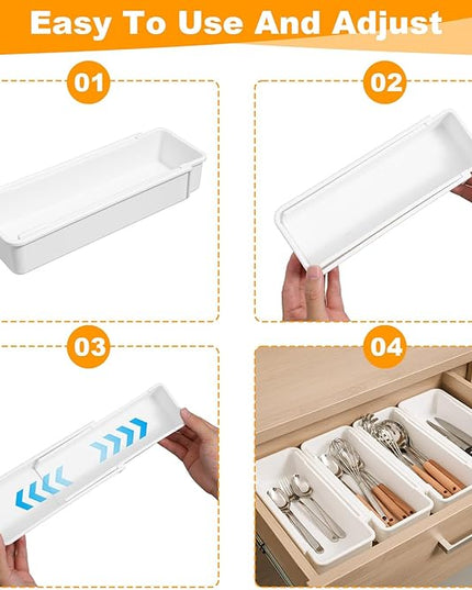 4pcs white drawer organizer Expandable drawer dividers vanity Drawers Storage Tray Expandable drawers organizer trays Dividers to Organize and Store for Bedroom, Bathroom, Kitchen Utensils