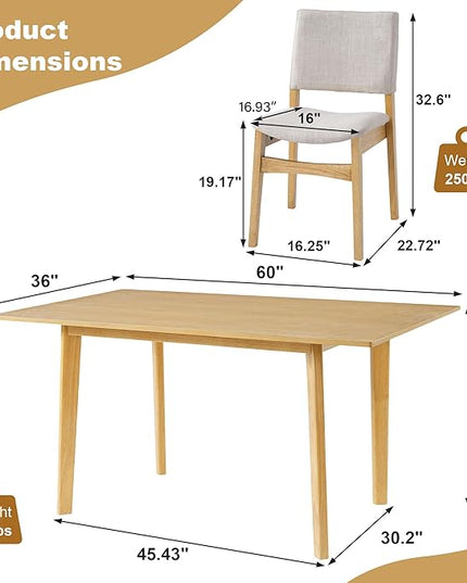 7-Piece Dining Set Modern Dinner Table set for 6, Wood Dining Table with 6 Upholstered Chairs, 60" Rectangular Table with Stackable Chairs Padded Seat Backrest for Dining Room Kitchen Apartment