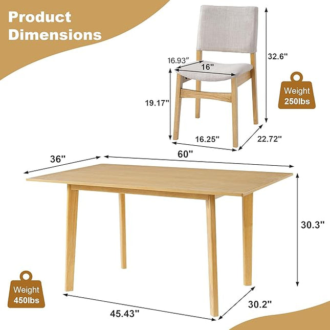 7-Piece Dining Set Modern Dinner Table set for 6, Wood Dining Table with 6 Upholstered Chairs, 60" Rectangular Table with Stackable Chairs Padded Seat Backrest for Dining Room Kitchen Apartment